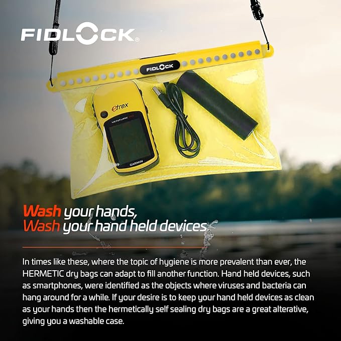 FIDLOCK Hermetic Dry Bag Flexible Magnetic Self-Sealing Bag for Cellphone | 100% Water &amp Sand Proof | Practical Size with a Large Opening | Lanyard Included | Mega | Fabric Black