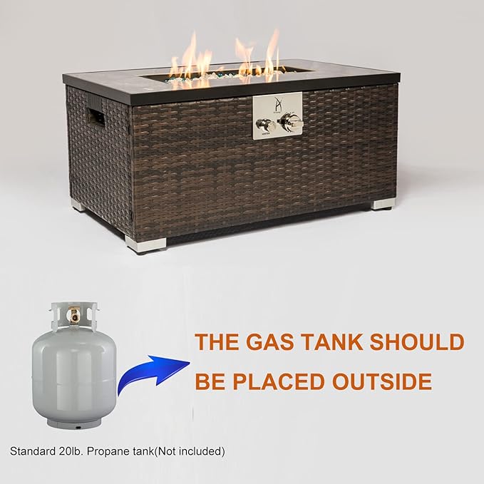 32'' Propane Fire Pit Table Marble Textured Ceramic Tabletop 50000 BTU Fire Table with Brown Wicker Mix Color Glass Rocks Including Lid&ampCover Rectangle Tank Required to Be Kept Outside