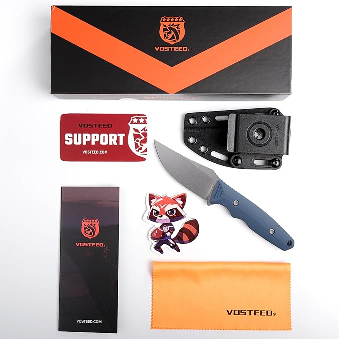 Vosteed H-Back EDC Fixed Blade Knife - 2.92 Nitro-V Blade with Sheath Stonewash - Blue G10 Handle with S.O.A.R. Clip for Hunting Survival Knives - D0405