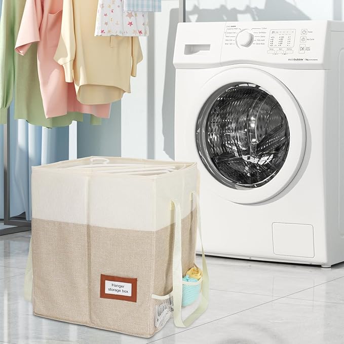 2 Pack Clothes Hanger Organizer Bag with Lid Rigid Hanger Storage ContainersHanger Caddy Organizer Box with Handle and Label Window Keep Closet Laundry Rooms Tidy (Beige)