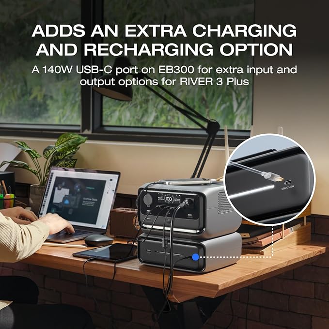 EF ECOFLOW River 3 Plus Portable Power Station Extra Battery EB300 286Wh Expansion LiFePO4 (LFP) Battery with 10-Year Lifespan Built-in 140W USB-C Port for Charging/Discharging Use Independently