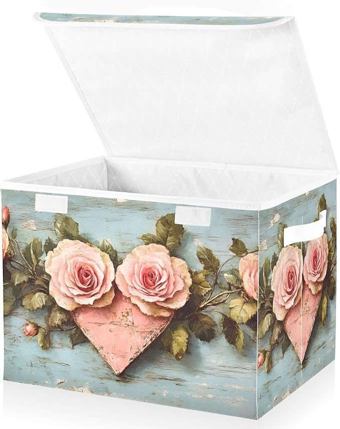 AIXIWAWA Lidded Storage Cube (Valentine Floral) Fabric Foldable Closet Bins with Flip Lid and Handles Organizer Basket Container 16.5 x 12.6 x 11.8 IN