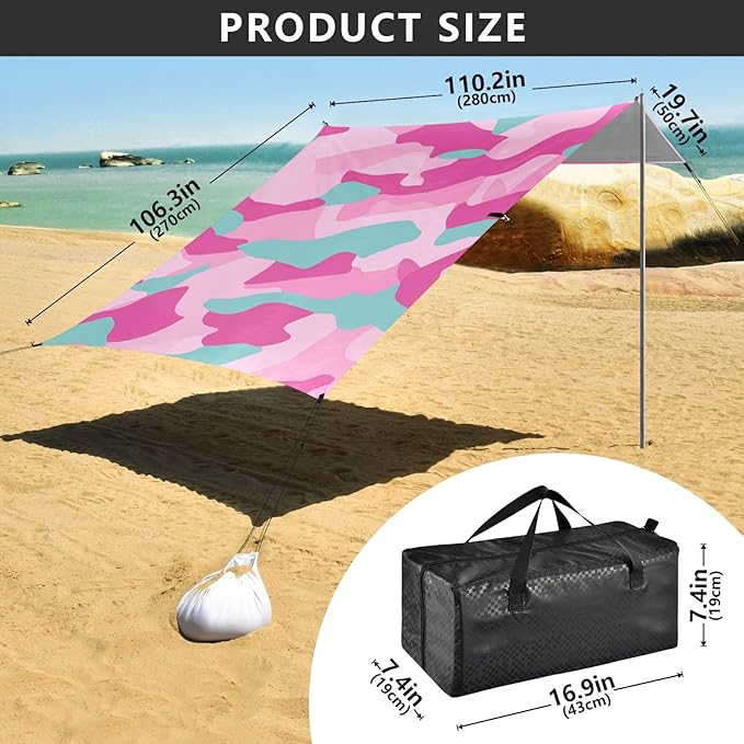 Cyan Aqua Foldable Beach Tent UPF50+ Waterproof Portable Sun Shelter Includes Sand Shovel Sandbags Stability Poles for Camping Trips Fishing Backyard Fun or Picnics