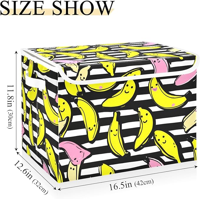Stripes Pink Yellow Bananas Storage Box with Lid 1 PC Foldable Storage Bin with Lids Stackable Storage Bins Cube Closet Organizer Basket with Flip-Top Lid &amp Handles for Shoes Books Towels