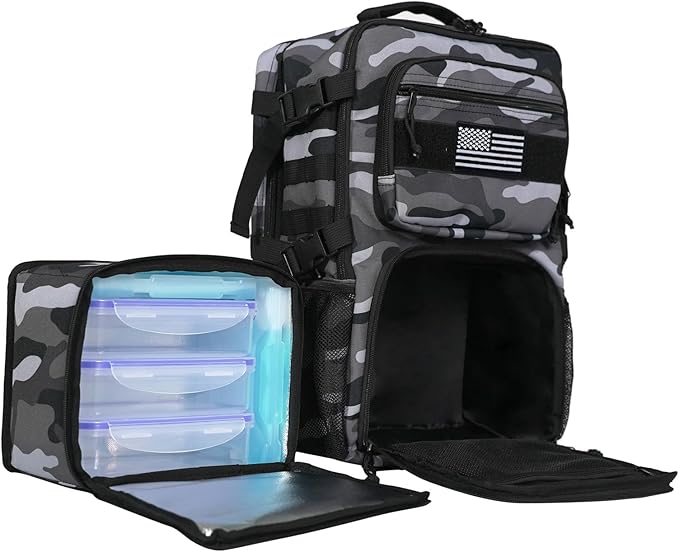 519 Fitness [Tactical All-Around] Modular Meal Prep Backpack - Grey Camouflage - Fits 17 Laptop - Removable Meal Part Hydration Bladder 3 Containers 2 Ice Packs &amp US Flag Patch