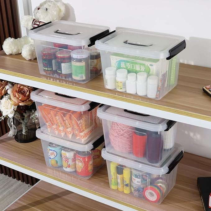 4-Pack 5 L Plastic Storage Bins with Lids and Black Handle Clear Storage Container Latch Boxes