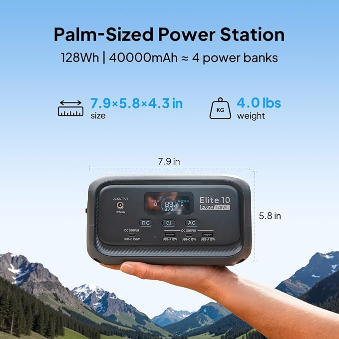 BLUETTI Solar Generator Elite 10 with 60W Solar Panel Included (Ship Separately) 128Wh Mini Power Station with 200W AC Outlet Palm-Size Portable Power for Camping Outages and UPS Backup