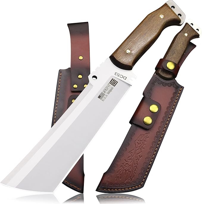 WPKOPYA Fixed Blade Outdoor Knife with Leather Sheath DC53 Steel Full Tang 6.6” Sharp Blade Wooden Handle 13.6” Tactical Survival Knife for Camping Hiking Bushcraft Cooking &amp Utility Use