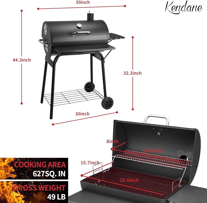 Kendane Barrel Charcoal Grill Large Charcoal Grills with Front and Side Shelf 627 Square Inches Cooking Grid Outdoor BBQ Grill Perfect for Backyard Camping Patio Parties and Picnics