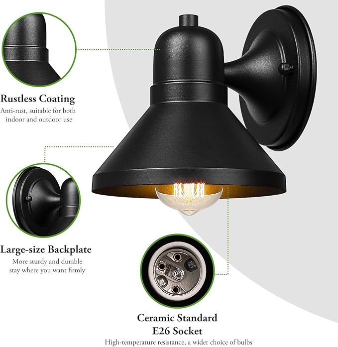 Brightever Outdoor Lanterns 2-Pack Exterior Light Fixtures Waterproof Anti-Rust Black Wall Mount Lights Small E26 Socket Outside Lights for House Front Porch Playhouse Garage