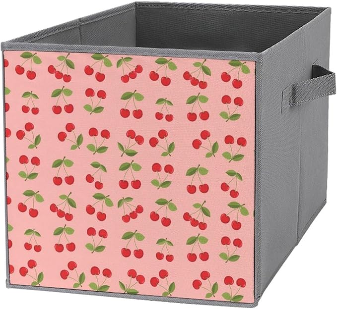 Fabric Cube Storage Bins with Handles Pink Cherry Fruit Theme Cherries Foldable Collapsible Organizer for Shelving Units Decorative Box for Living Room &amp Bedroom Decor