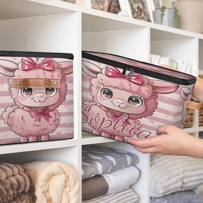 Custom Storage Basket with Name Personalized Storage Bins with Zipper Lid Foldable Fabric Storage Box Large capacity with Handle Bow Alpaca