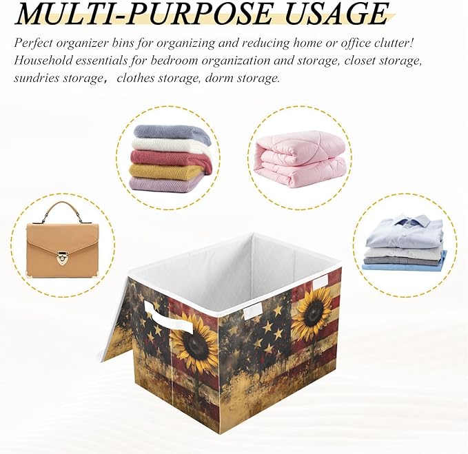 Storage Cube with Lid Sunflower American Print 16.5×12.6×11.8 IN Collapsible Large Capacity Foldable Storage Basket Bin Organizer