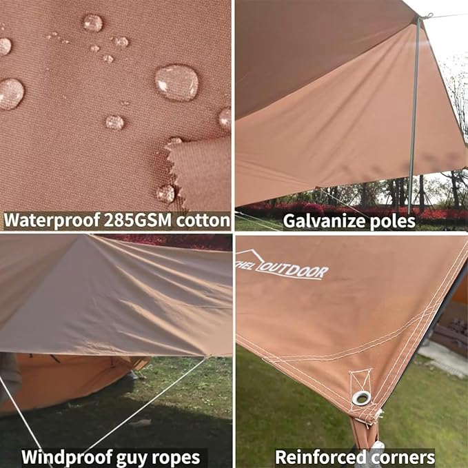DANCHEL OUTDOOR Waterproof Bell Tent Awning 4 Season Camping Tarp – Portable Canopy Cover with Poles Lightweight Glamping Accessories Rectangle
