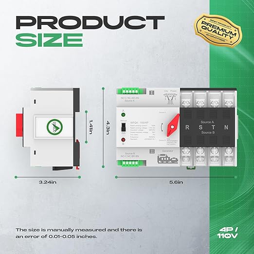 Automatic Transfer Switch 100A AC110V Dual Power ATS 4P Automatic/Manual Transfer Switch din Rail mounting for Home Generator RVPublic/Backup Power Supply