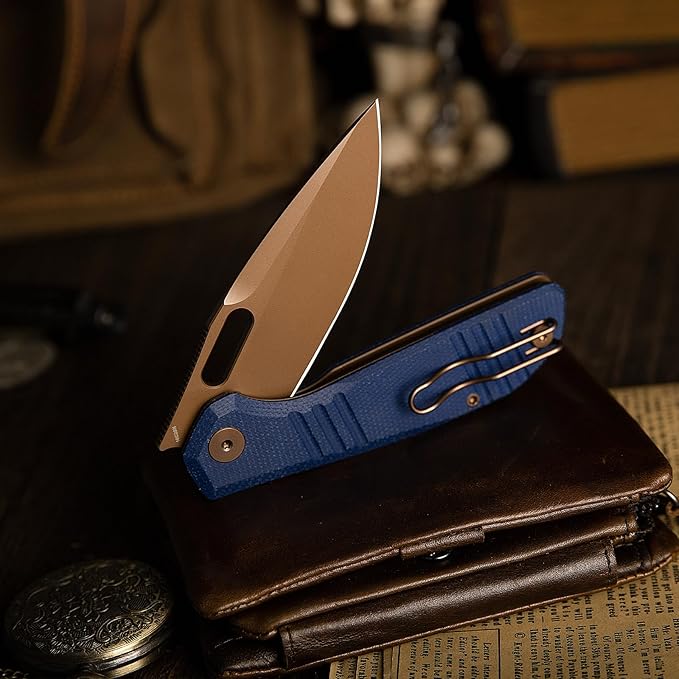 TRIVISA Gecko Folding Pocket Knife 3.4 14C28N Steel Blade Micarta Handle EDC Knife with Pocket Clip for Men Women Camping Hiking (Blue)