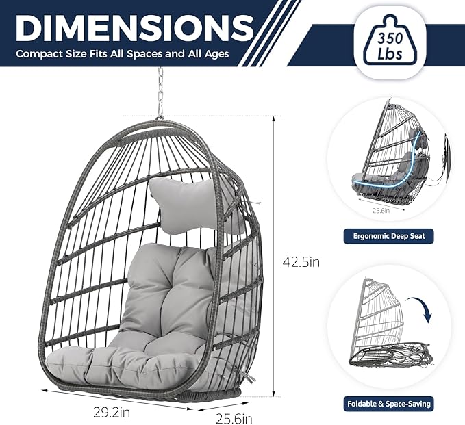 Nicesoul Hanging Egg Chair Outdoor Without Stand Indoor Swing Egg Basket Ceiling Tree Chairs with Cushion 350lbs Egg-Shaped Hammock Chair No Stand for Patio Backyard Balcony BedroomPorch Gray