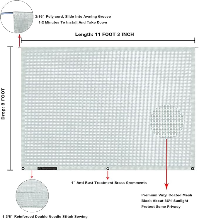 Tentproinc RV Awning Sun Shade Screen 8' X 11' 3'' (Fit for 12' Awning) Mesh Screen for Camper Trailer Awning Sunshade Sunscreen UV Blocker Shadescreen - 3 Year Warranty (Gray)