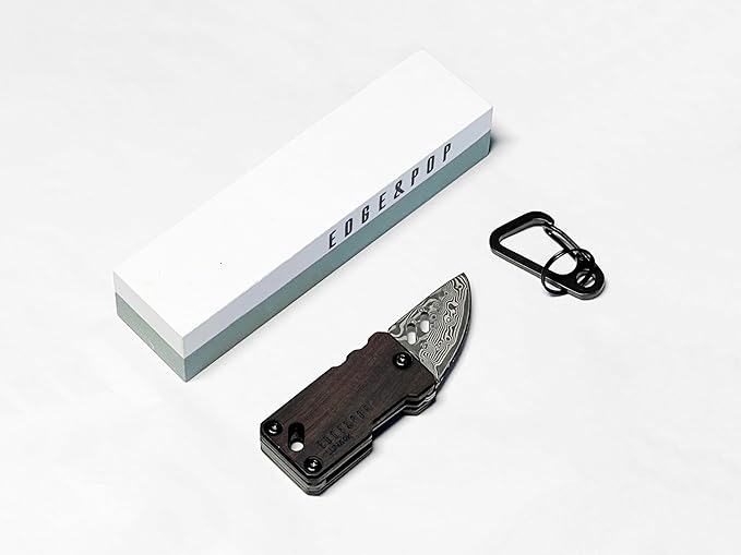 Edge &amp Pop Mini Damascus Pocket Knife and Dual Grit Whetstone Bundle