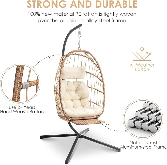 Brafab Hanging Egg Chair with Stand and Footrest Wicker Egg Swing Chair Indoor Outdoor Aluminum-Steel Frame and UV Resistant Cushion Patio Lounge Hammock Chairs for Bedroom 370LBS Capacity Begie