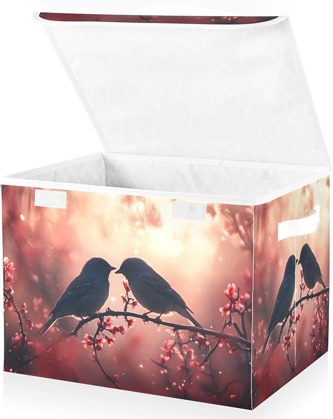 AIXIWAWA Lidded Storage Cube (Bird Love) Fabric Foldable Closet Bins with Flip Lid and Handles Organizer Basket Container 16.5 x 12.6 x 11.8 IN