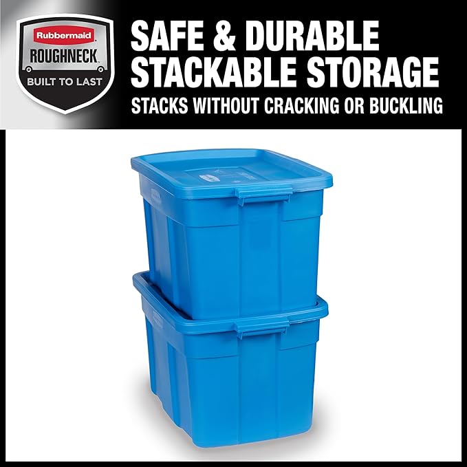 Rubbermaid Roughneck Tote 25 Gal 4 Pack Made in USA Heritage Blue Rugged Plastic Stackable Storage Bins with Lids and Handles