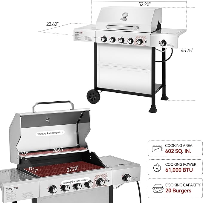 Royal Gourmet GA5401T 5-Burner BBQ Liquid Propane Gas Grill with Side Burner Stainless Steel 61000 BTU Output for Patio Garden Picnic Backyard Cooking Silver