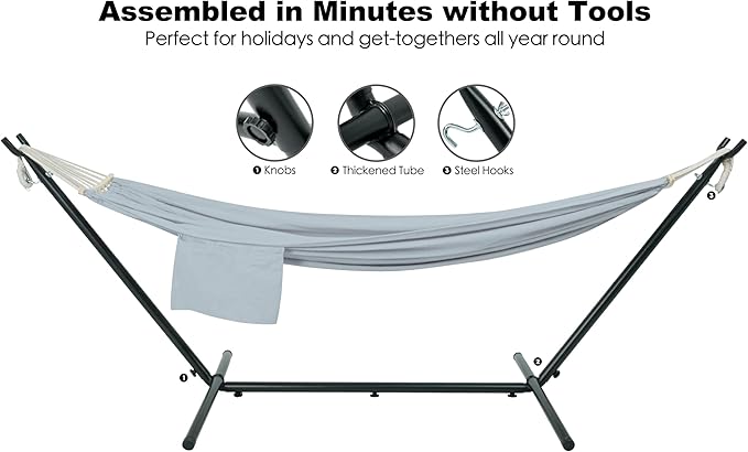 Gafete Double Hammock with Stand for Outside Upgraded Spreader Bar Heavy Duty Space Saving Steel Stand 2 Person Side Pockets Easy Assembly 600lbs Weight Capacity Indoor &amp Outdoor (Light Grey