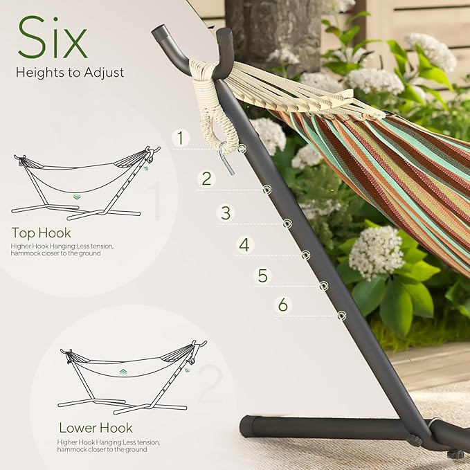 600lbs Hammock with Stand for Outside 2 Person Portable Hammock with Side Storage Carrying Bag Expend Wooden Bar for Outdoor or Indoor (Dark Rainbow)
