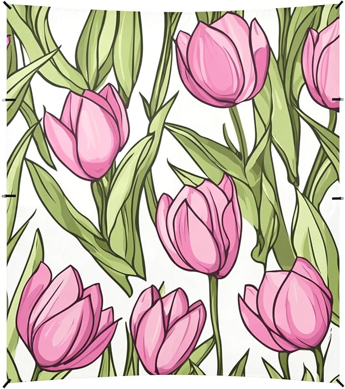 ALAZA Cute Doodle Spring Pink Tulips Beach Tent Sun Shelter Portable Canopy Sunshade for Outdoor Camping Picnics Backyard Fun 10x9 ft