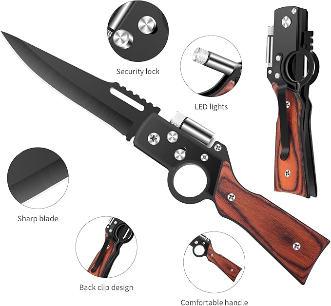 AK47 Style Tactical Folding Pocket Knife（Black） 6-Pack – Bulk Set with LED Light Wood Handle Laser Engraving Ready Best Man Gifts Outdoor Camping Hiking Gear for Groups (6)