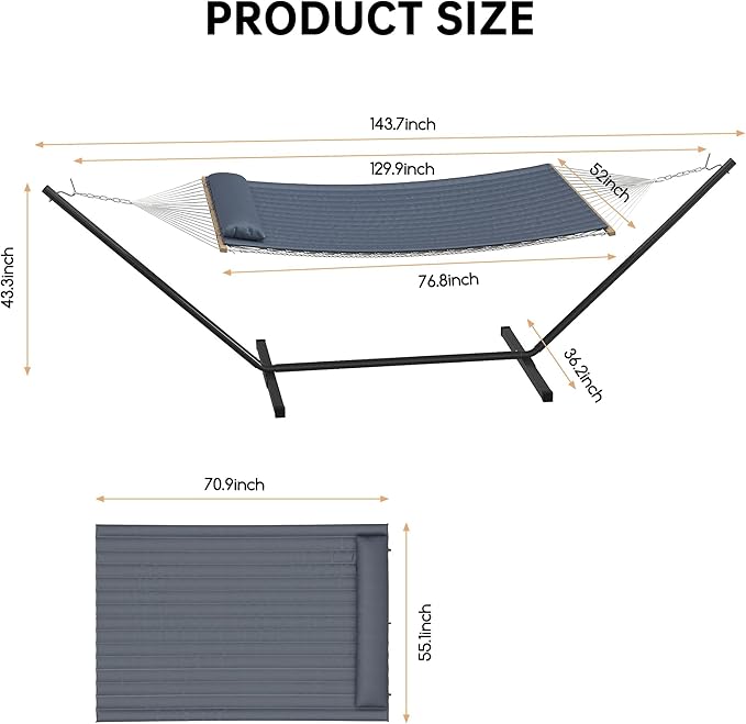 12 ft Double Hammock with Stand Portable 2 Person Outdoor Hammock with Stand for Patio Backyard Garden Heavy Duty Hammock with Soft Pillow &amp Balance Ropes Folding Hammock Grey