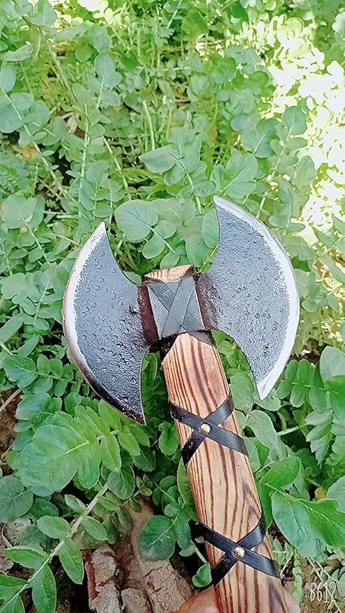 AXE013AM FS Crafts 24.00 Custom Handmade Double Blade Viking Axe Hand Forged Carbon Steel Hunting Axe Hatchet with Leather Sheath Gorgeous Wood Handle Outdoors Fishing Camping Knife