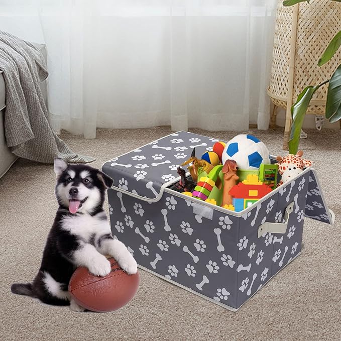 Pet Toy Storage Box with Lid Basket Organizer - Perfect Collapsible Bin for Living room Playroom Closet Home Organization - Bone Paw