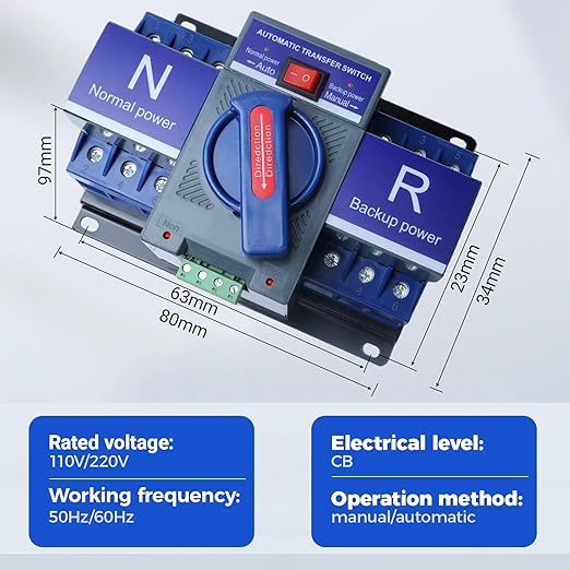Automatic Transfer Switch 3P 63A 110V Generator Changeover Switch 50HZ/60HZ for HomeOffice and Public Spaces