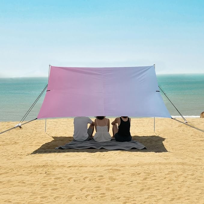Pink Blue Gradient Foldable Beach Cabana UPF50+ Protection Water-Resistant Shade Sun Shelter with Sand Shovel Sandbags for Camping Picnics Backyard