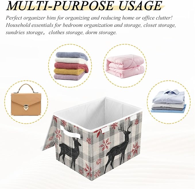 Grey Checkered Christmas Deer Storage Box with Lid 1 PC Foldable Storage Bin with Lids Stackable Storage Bins Cube Closet Organizer Basket with Flip-Top Lid &amp Handles for Shoes Books Towels