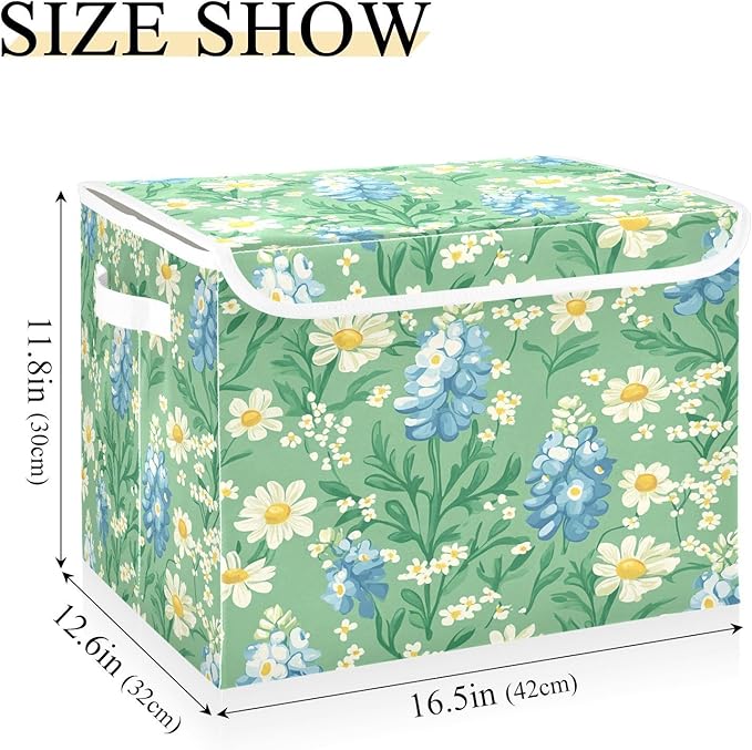 Mint Green Bluebonnet and Daisy Flowers Collapsible Storage Bins with Lids Decorative Fabric Cubes Closet Organizer Basket Boxes Containers for Clothes Box Chest