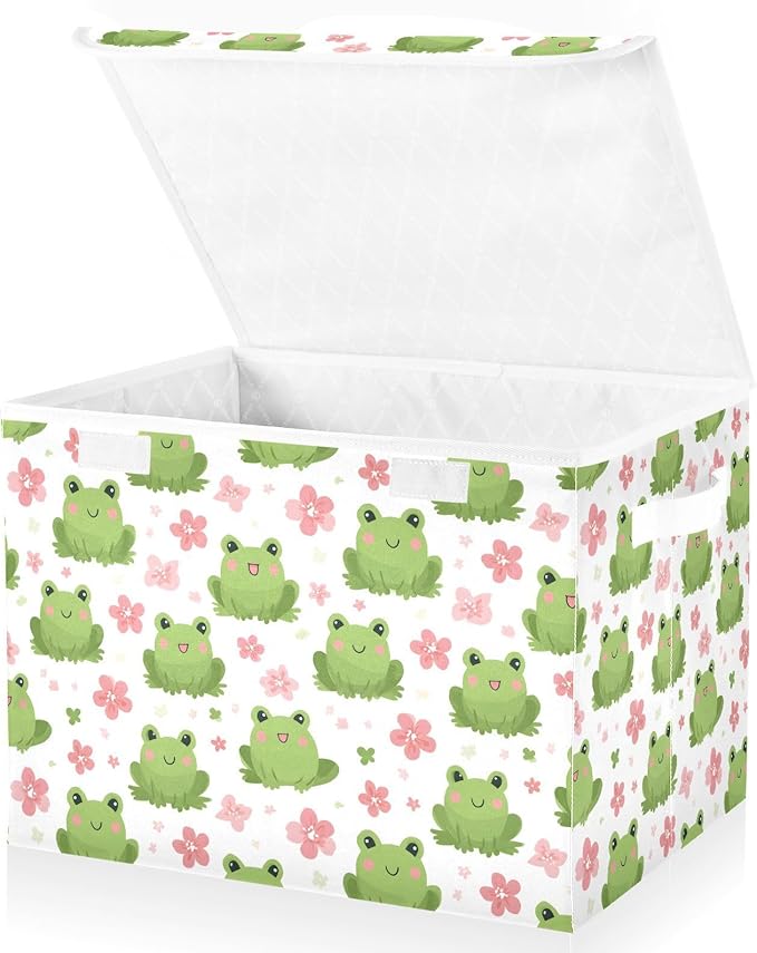 MNSRUU Containers Baskets with Lids Frog Pink Flowers Fabric Foldable Storage Bins Organizer with Lid Collapsible Storage Boxes for Home Bedroom Closet Office