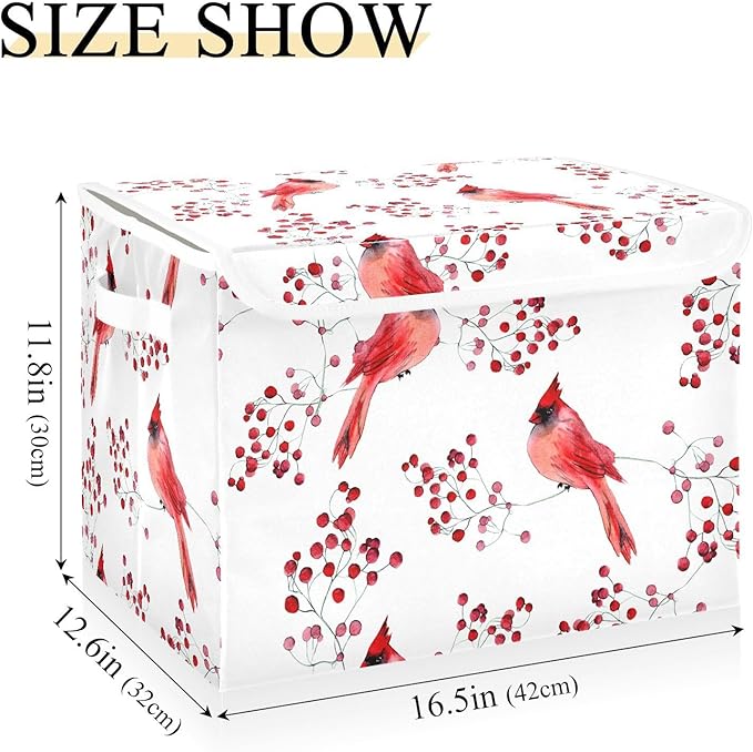susiyo Large Foldable Storage Bin with Flip-Top Lid Cute Cardinal Birds Storage Box Collapsible Closet Organizer Containers Boxes Decorative Baskets with Handles for Home Bedroom Living Room Office