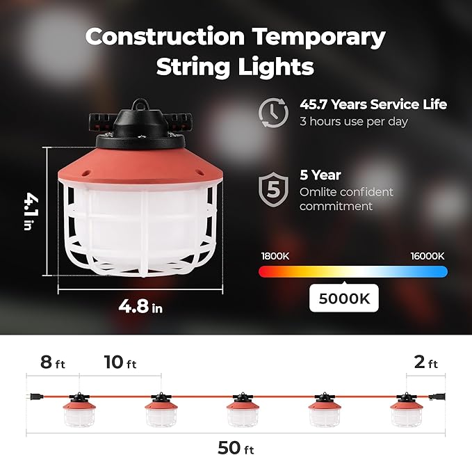 50FT Construction String Lights：75W 10500LM Linkable Super Bright LED String Work Lights for Construction Sites Temporary Work Jobsite IP65 Waterproof 18AWG Wire Work Light with Cage