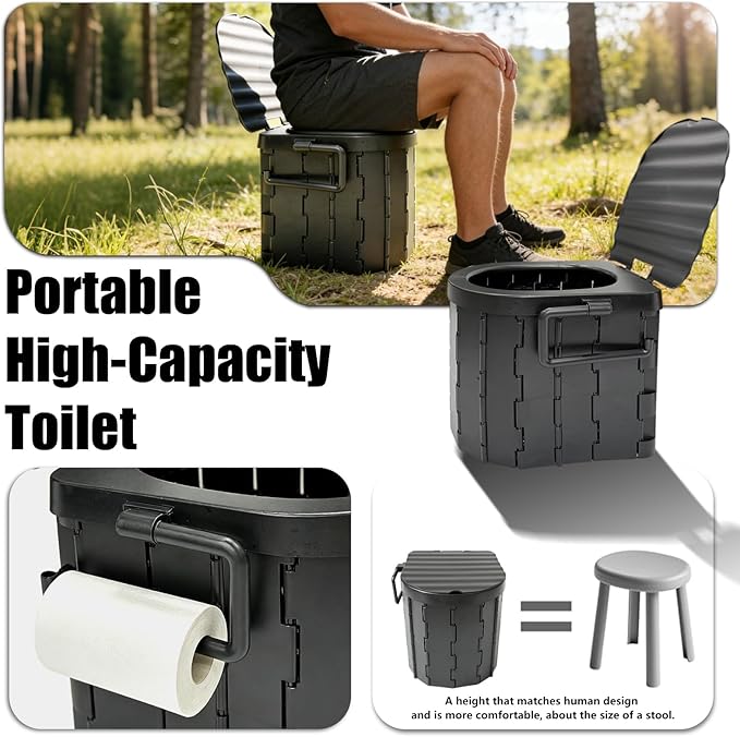 Portable Camping Toilet with Privacy Tent - Foldable Toilet Set for Adults and Elderly - Pop Up Outdoor Restroom for Travel Hiking RV Truck Trailer (Black)