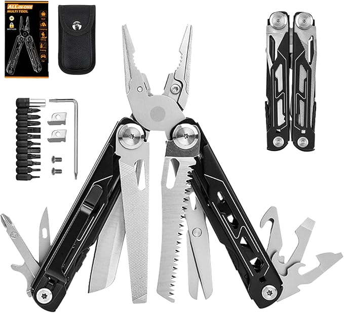 28-in-1 Multitool Pliers with ScissorsSaw ScrewdriversRope CuttersCan OpenerFileCarrying PouchStainless Steel Pocket Multi-Tool Ideal for Camping Survival Toolkit and Gift for him
