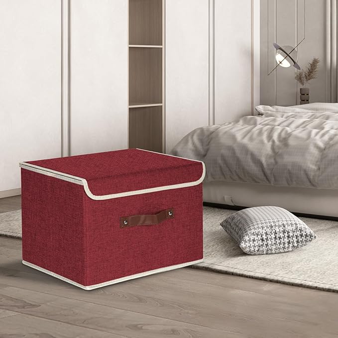 TYEERS Collapsible Storage Boxes Washable Fabric Storage Bins with Lids 14.9x9.8x9.8 inches 3 Pack Red Wine