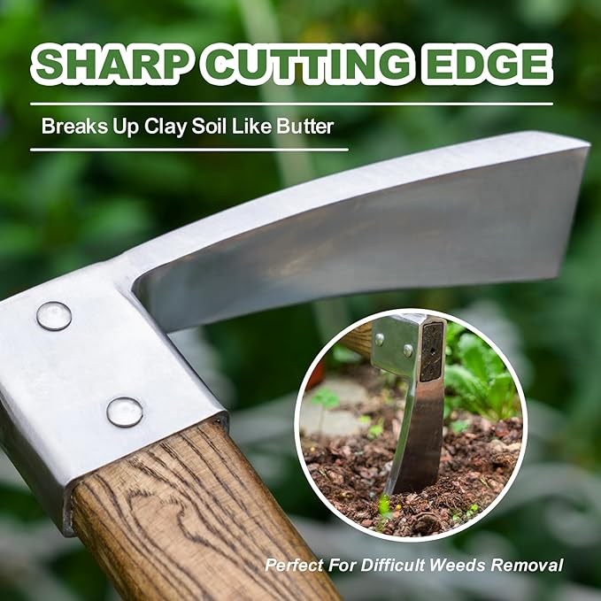 Haliaeetus Pick Axe Stainless Steel Mattock with Sharp Pick and Cutting Edge for Breaking up Heavy Clay Soil and Removal of Difficult Weeds Garden Pick with Wood Handle for Digging Loosening Soil