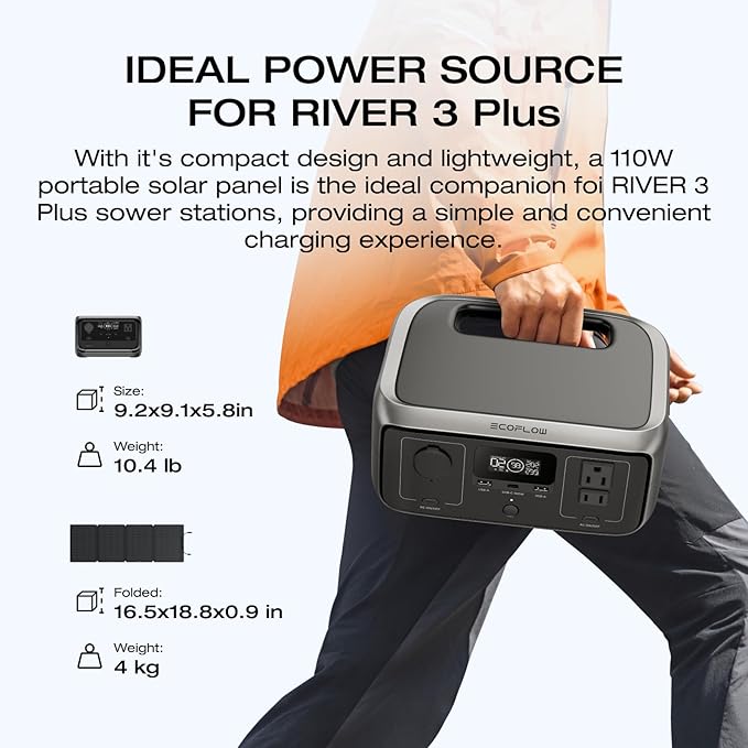 EF ECOFLOW Solar Generator RIVER 3 Plus with 110W Solar Panel 286Wh Portable Power Station LiFePO4 Battery 3 Up to 1200W AC Outlets &lt10 MS UPS Expandable to 858Wh &lt30 dB Quiet 1Hr Fast AC