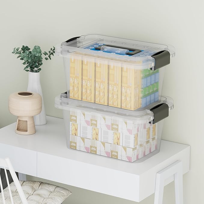 Cetomo Lidded Storage Bin Tote Organizing Container with Handle and Buckles Stackable Plastic Clear 6.8Qt Pack of 12