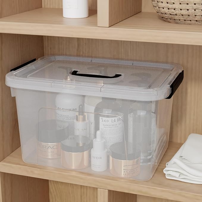 10.5 L Clear Latch Storage Bin with Lid 4 Packs Plastic Organizing Box with Black Handle