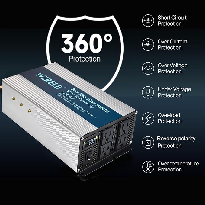 WZRELB 2000W Pure Sine Wave Inverter 12V DC to 110V 120V AC Car Power Inverter with 4 AC Outlets LED DisplayOff-Grid Portable Power Converter for Home RV Truck Camping