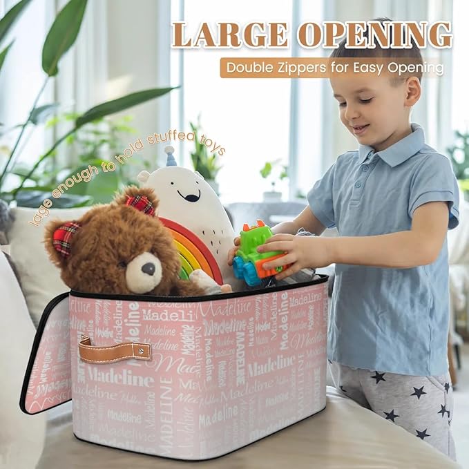 Custom Storage Basket with Name Personalized Keepsake Box with Zipper Lid Foldable Fabric Memory Bin Large capacity with Handle Pink White